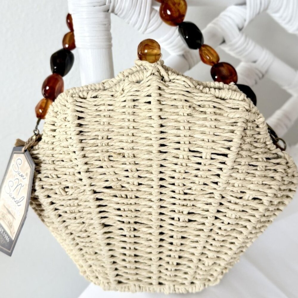 SUN & SAND HANDBAG SHELL WOVEN STRAW COLOR NATURAL HANDLE WITH BEADED SMALL